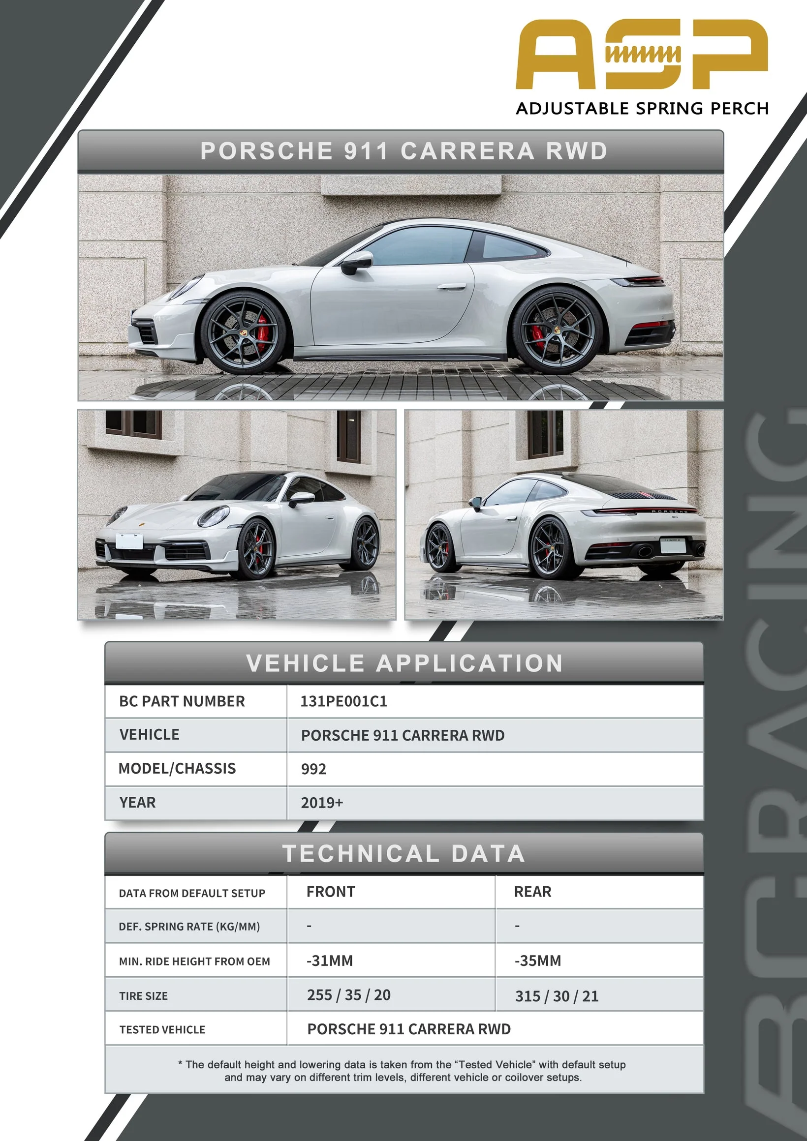 BC Racing ASP Height Adjustable Lowering Springs Porsche 911 Carrera 992 RWD (2019-2026) HAS Kit with Optional Front Camber - Retains EDC / Electronic Dampening - Image 3