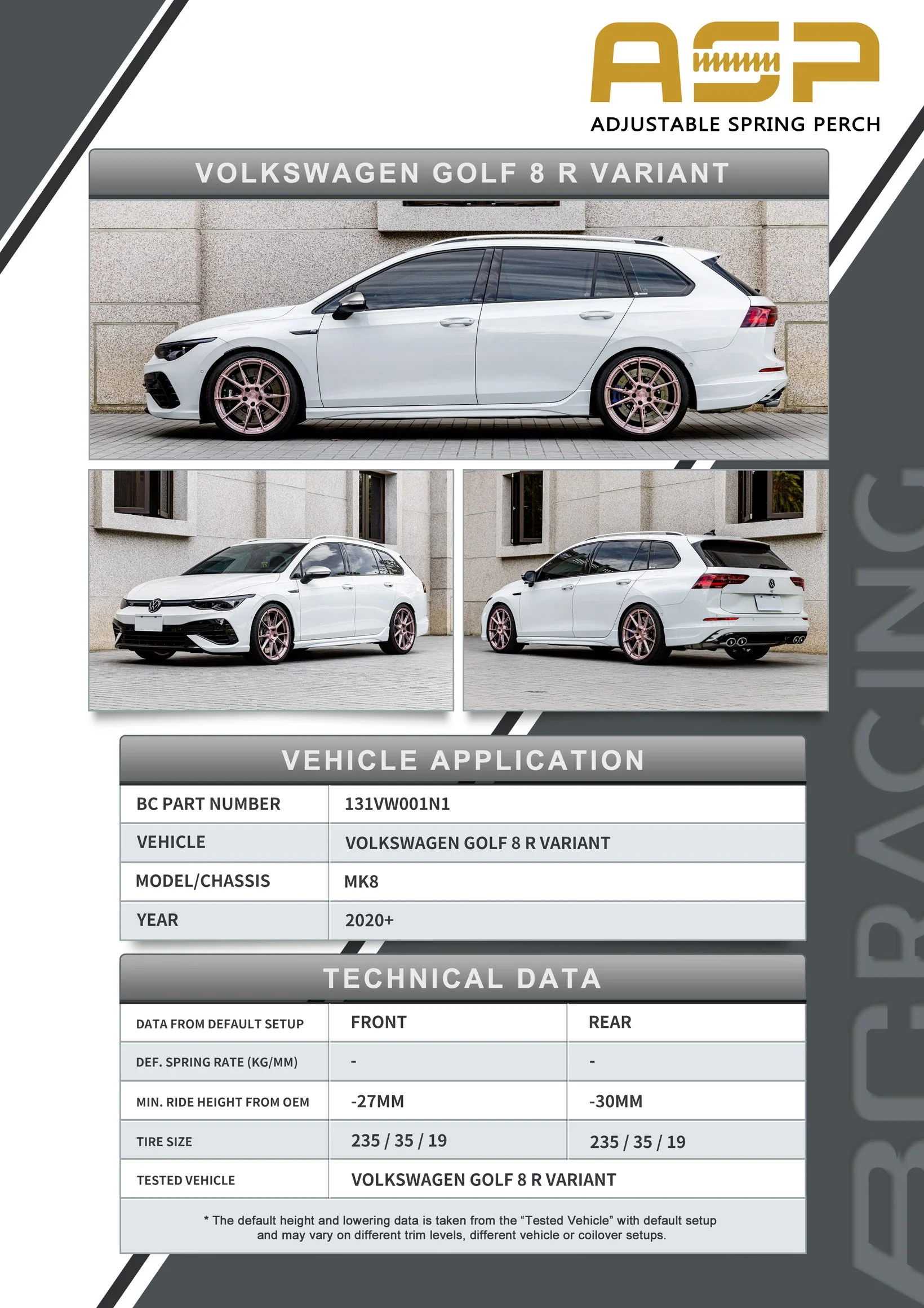 BC Racing ASP Height Adjustable Lowering Springs VW Golf R Hatchback MK8 (2020-2025) HAS Kit - Retains EDC / Electronic Dampening 131VW002N1 - Image 2