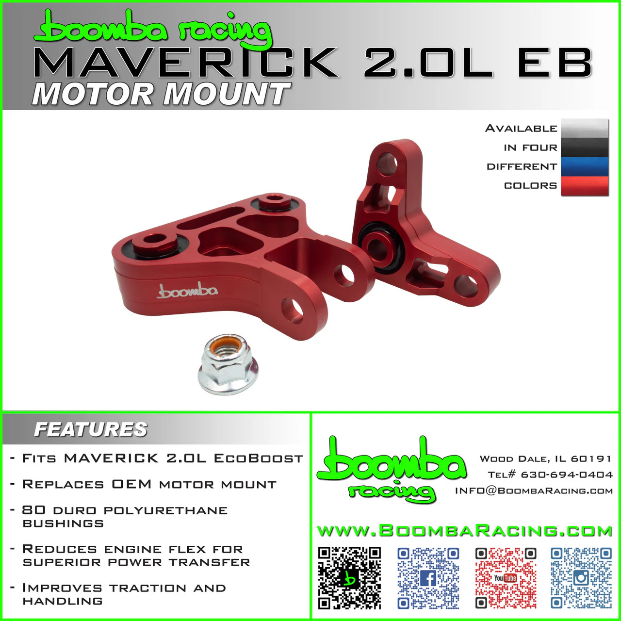 Boomba Racing Motor Mount for Ford Maverick 2.0L EcoBoost (2022-2026) Blue / Red / Black / Natural Aluminum - Image 2