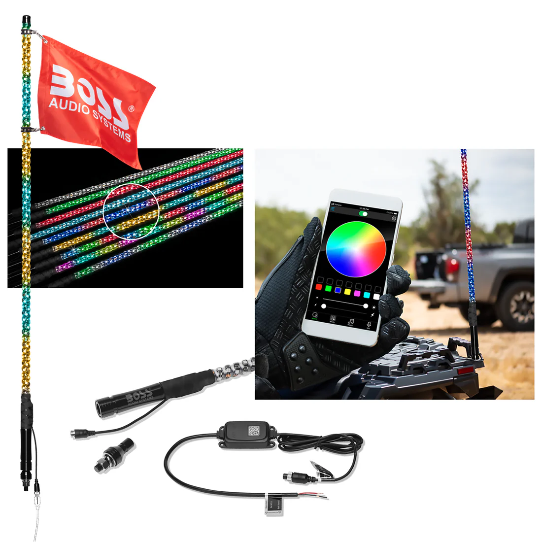 Boss Audio Systems ATV LED Whip Antenna / Chasing RGB Lights / App Control / Weatherproof (IP67) / 24", 48", 72" - Image 5