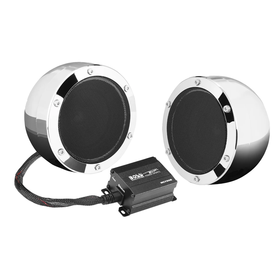 Boss Audio Systems MC720B Motorcycle & ATV Speaker System - Bluetooth, Weatherproof, 4" Speakers, 2 Ch Amplifier, Volume Control, 12V, Chrome