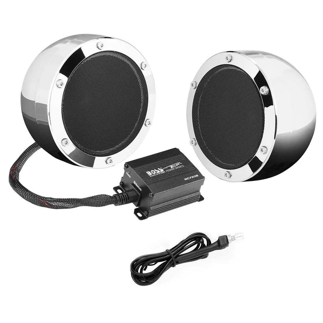 Boss Audio Systems MC720B Motorcycle & ATV Speaker System - Bluetooth, Weatherproof, 4" Speakers, 2 Ch Amplifier, Volume Control, 12V, Chrome - Image 2