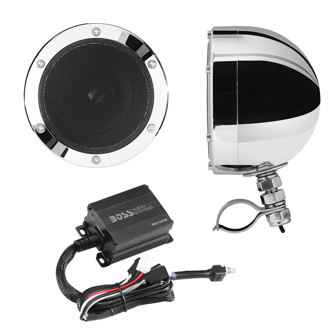 Boss Audio Systems MC720B Motorcycle & ATV Speaker System - Bluetooth, Weatherproof, 4" Speakers, 2 Ch Amplifier, Volume Control, 12V, Chrome - Image 3