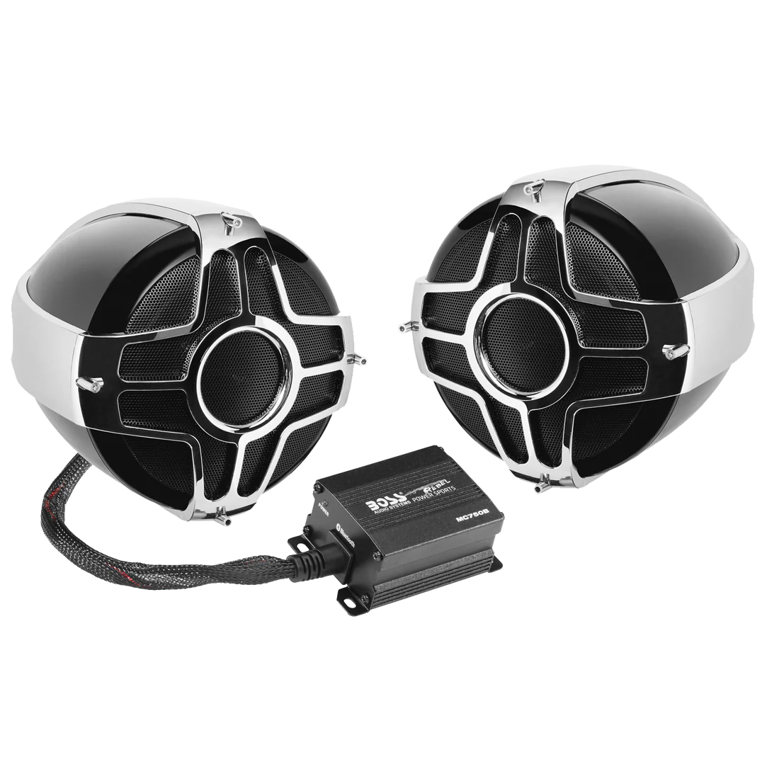 Boss Audio Systems MC750B Motorcycle & ATV Speaker System - Bluetooth, Weatherproof, 4" Speakers, Amplifier, Volume Control, 12V , Chrome