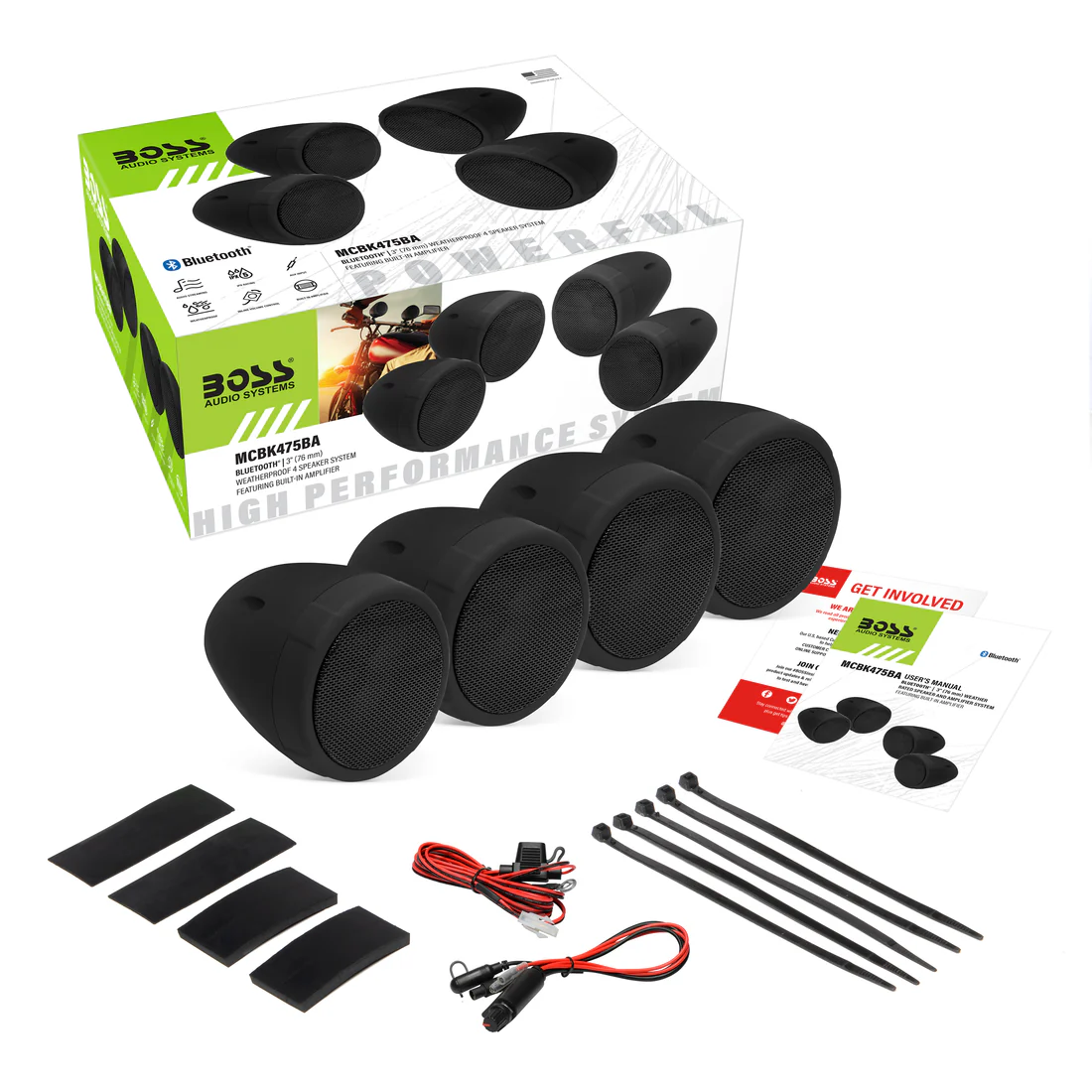 Boss Audio Systems MCBK475BA Motorcycle & ATV Speaker System - Bluetooth, Weatherproof, 4" Speakers, Amplifier, Volume Control, 12V , Matte Black (2 Pairs) - Image 9
