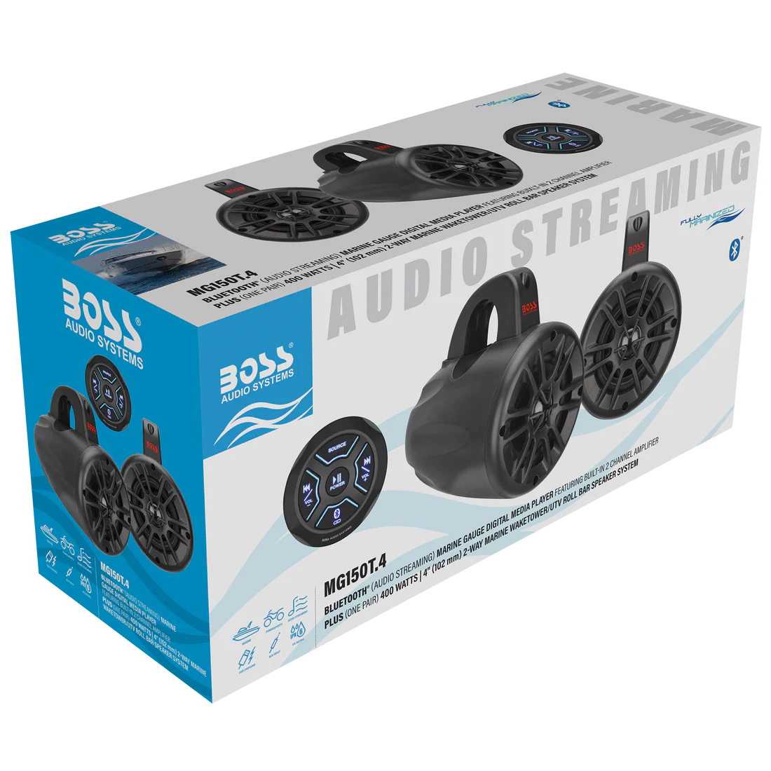 Boss Audio Systems MG150T.4 Marine ATV UTV Waketower Speakers Package – IPX6 Weatherproof Bluetooth Gauge Receiver with Built-In 2 CH Amplifier, USB & Aux-in, 4 Inch Speakers - Image 3