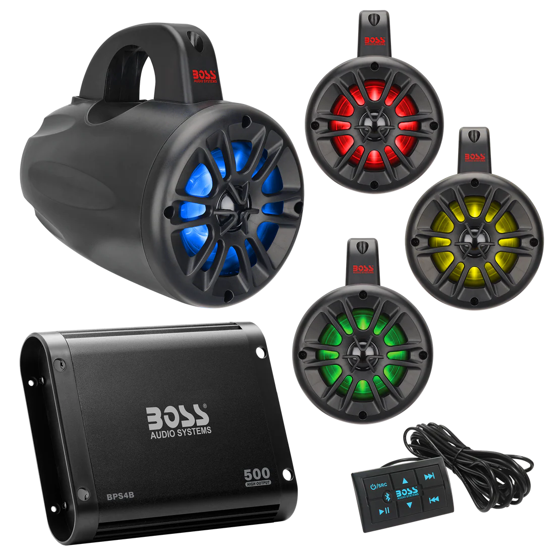 Boss Audio Systems UNI4RGB ATV/UTV Marine Audio Stereo System Package – BPS4B 4 Channel Full Range Bluetooth Amplifier, 4 MRWT40 4-Inch IPX5 Rated Weatherproof Waketower Speakers with Tweeters - Image 3