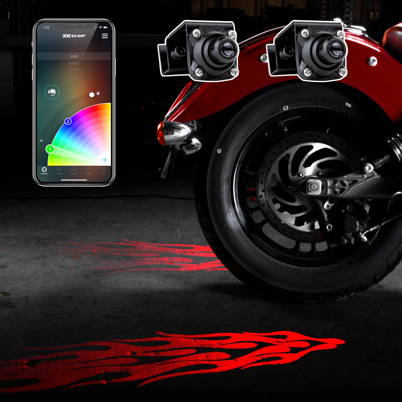 XKGlow Curbfx RGB Projector Kit w/ XKChrome Smartphone App - 2pc or 4pc Projector w/ Flames/ Tattoos/ Wings graphics - Image 2