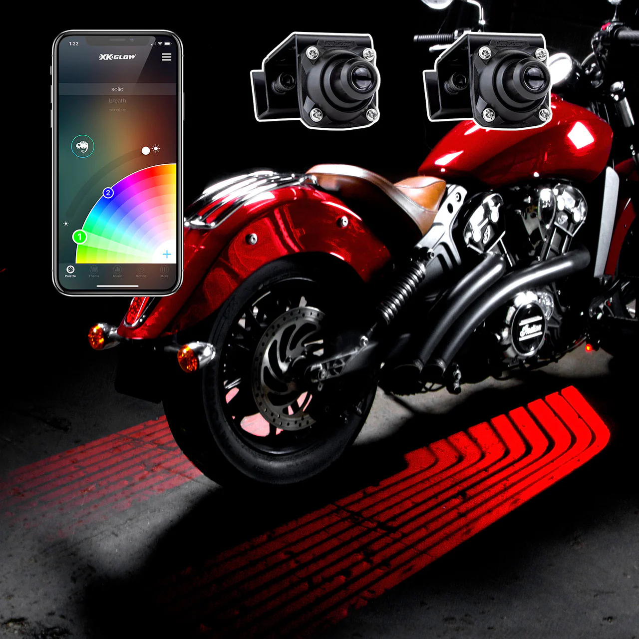 XKGlow Curbfx RGB Projector Kit w/ XKChrome Smartphone App - 2pc or 4pc Projector w/ Flames/ Tattoos/ Wings graphics - Image 3
