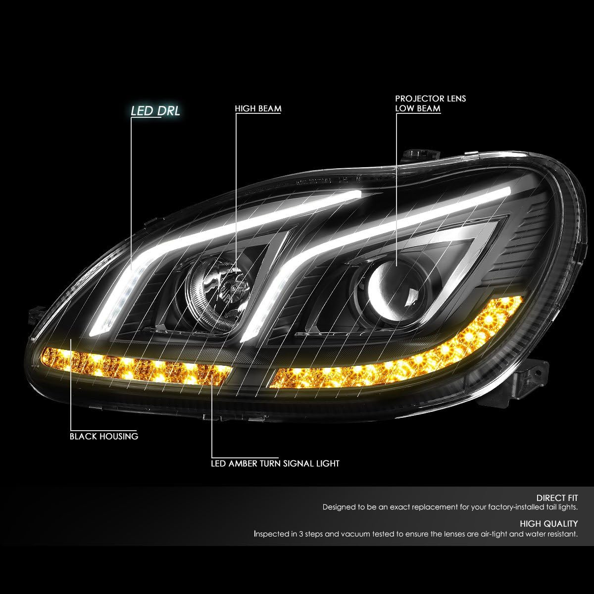 DNA Projector Headlights for Mercedes W220 S55 AMG (2001-2006) S65 AMG (2005-2006) Black or Chrome Housing with Halo or LED Bar DRL - Image 12