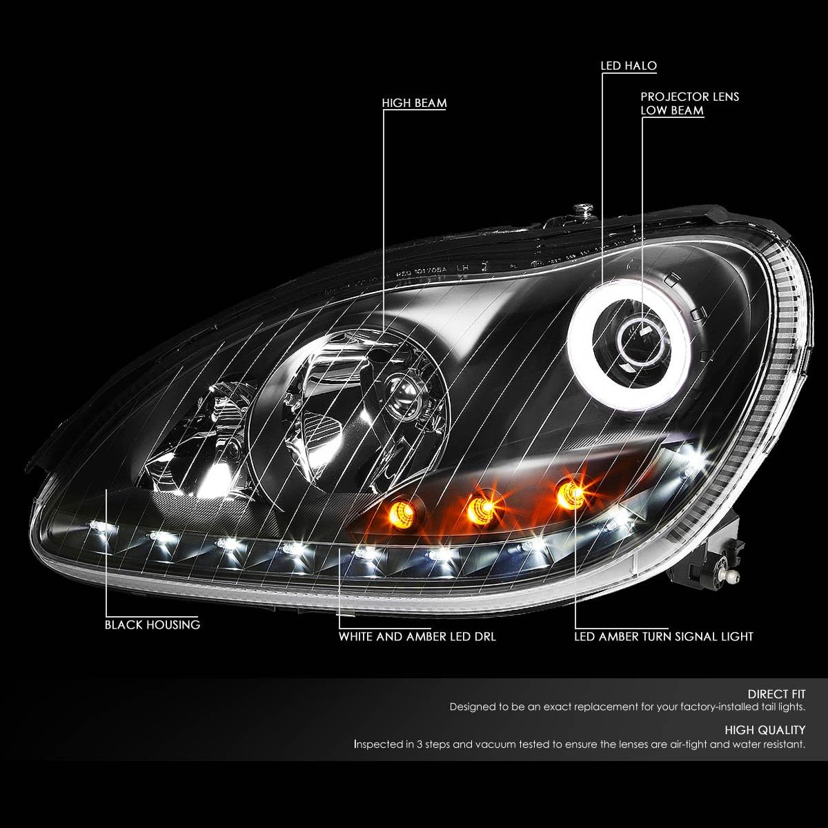 DNA Projector Headlights for Mercedes W220 S55 AMG (2001-2006) S65 AMG (2005-2006) Black or Chrome Housing with Halo or LED Bar DRL - Image 2