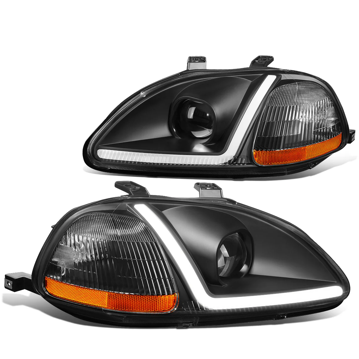 DNA Projector Headlights Honda Civic (96-98) w/ LED DRL - Black / Chrome / Smoke Housing - Image 2