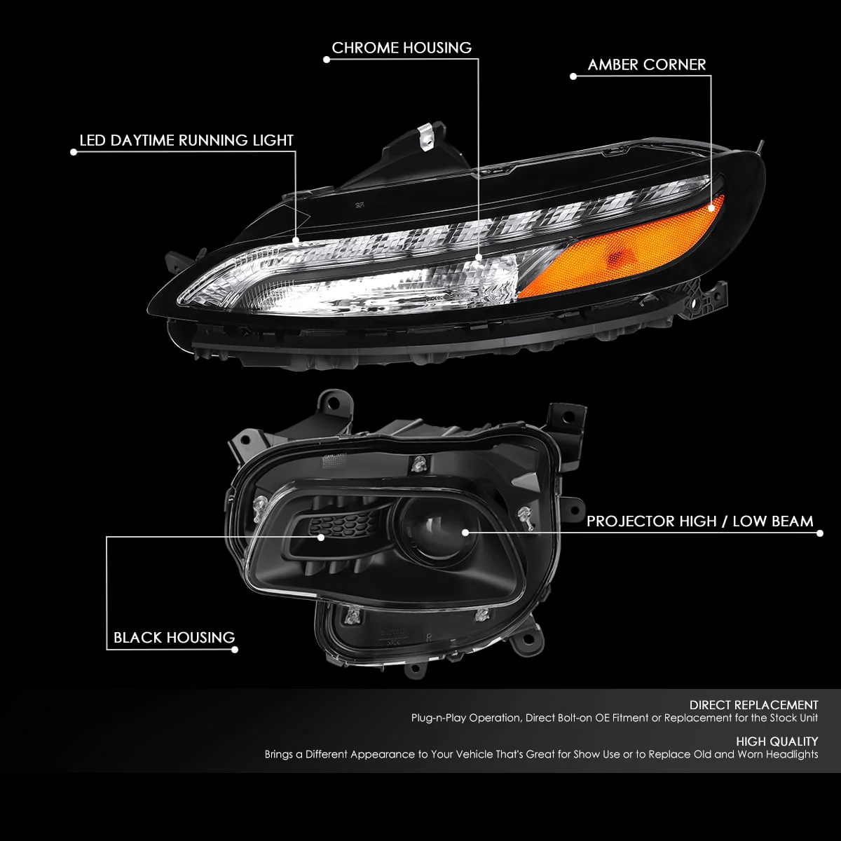 DNA Projector Headlights Jeep Cherokee (2014-2018) OE Style w/ Black or Chrome Housing - Image 2