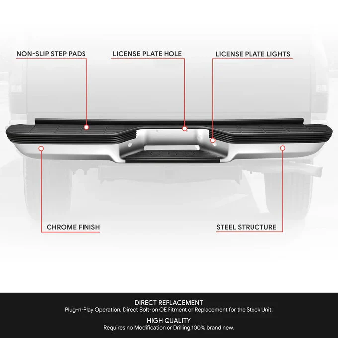 DNA Rear Step Bumper for Chevy & GMC C/K 1500 2500 Suburban (1992-2000) with Strip Hole - Black or Chrome - Image 3