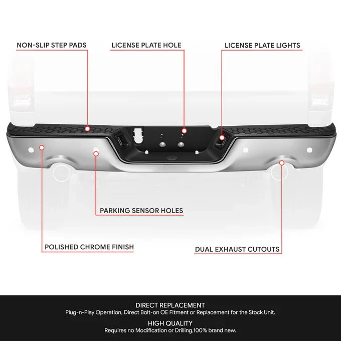 DNA Rear Step Bumper for Dodge Ram 1500 (2009-2011) RAM 1500 (2011-2019) With License Plate Lights - Black or Chrome - Image 8