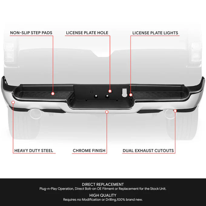 DNA Rear Step Bumper for RAM 1500 (2019-2024) without Sensor Holes - Chrome - Image 2