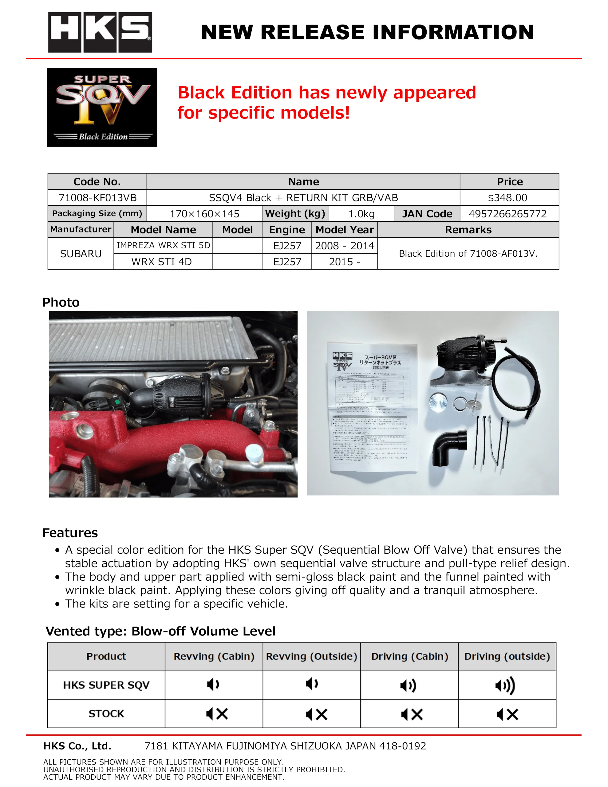 HKS Blow Off Valve Subaru WRX STi Sedan (15-21) Hatchback (08-14) Super SQV4 Black w/ Return Kit - Image 3