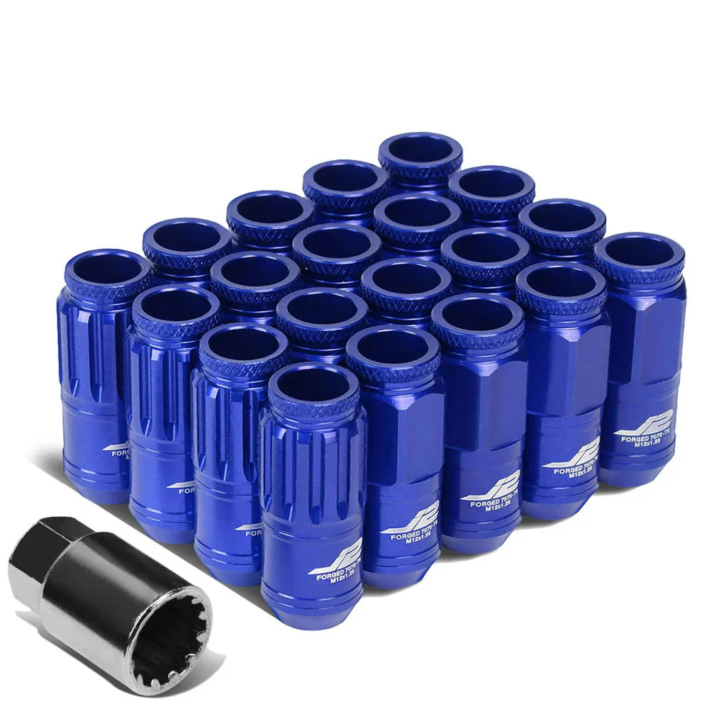 J2 Engineering Lug Nuts (M12 x 1.25) 16 Piece Set With Open Knurled End and Lock Nuts- Black / Blue / Red