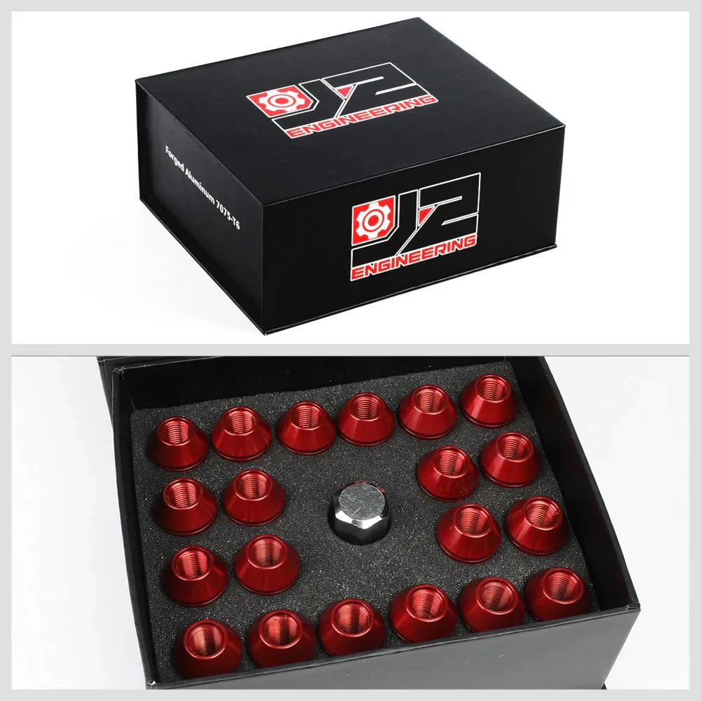 J2 Engineering Lug Nuts (M12 x 1.25) 20 Piece Set With Open Vertical Knurled Ring End - Black / Blue / Red - Image 2