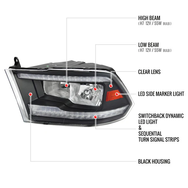 Spec-D Crystal Headlights RAM 1500 (09-18) RAM Classic (19-21) RAM 2500 3500 (10-18) RAM Factory-Style / LED Upgrade Headlights w/ Multiple Variations - Image 73