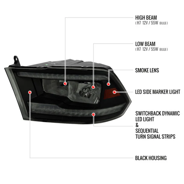 Spec-D Crystal Headlights RAM 1500 (09-18) RAM Classic (19-21) RAM 2500 3500 (10-18) RAM Factory-Style / LED Upgrade Headlights w/ Multiple Variations - Image 82