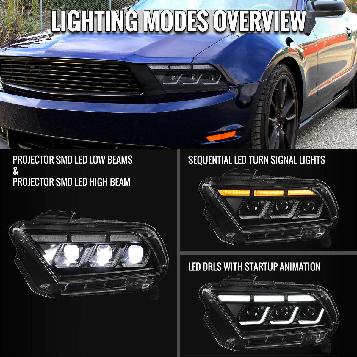 Spec-D Full LED Headlights for Ford Mustang S197 (2010-2014) S650 Style in a Black Housing w/ Sequential Turn Signals - Image 9