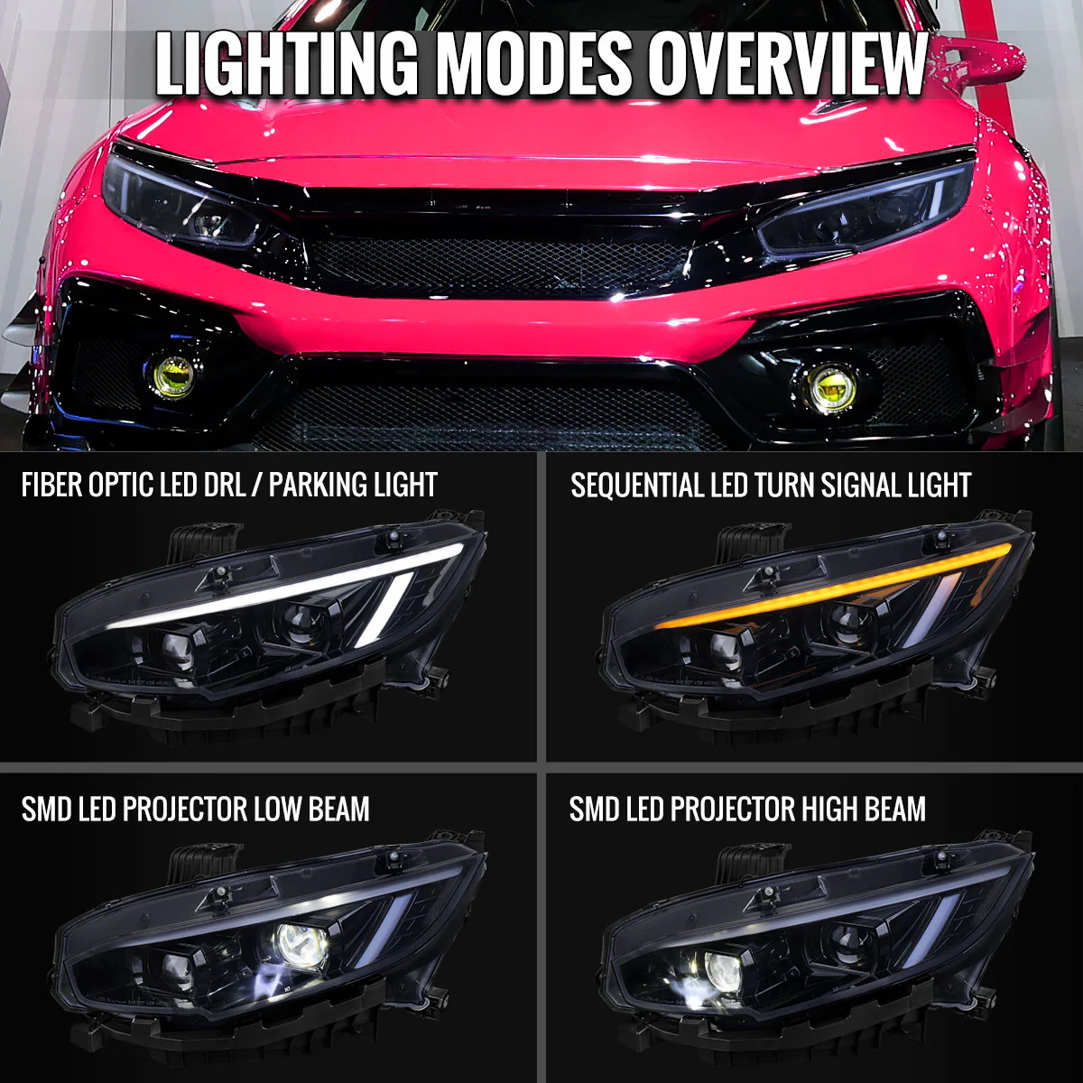 Spec-D Headlights Honda Civic FC/FK (2016-2021) Full LED or Halogen Projector With Sequential Turn Signal - Black or Chrome - Image 10