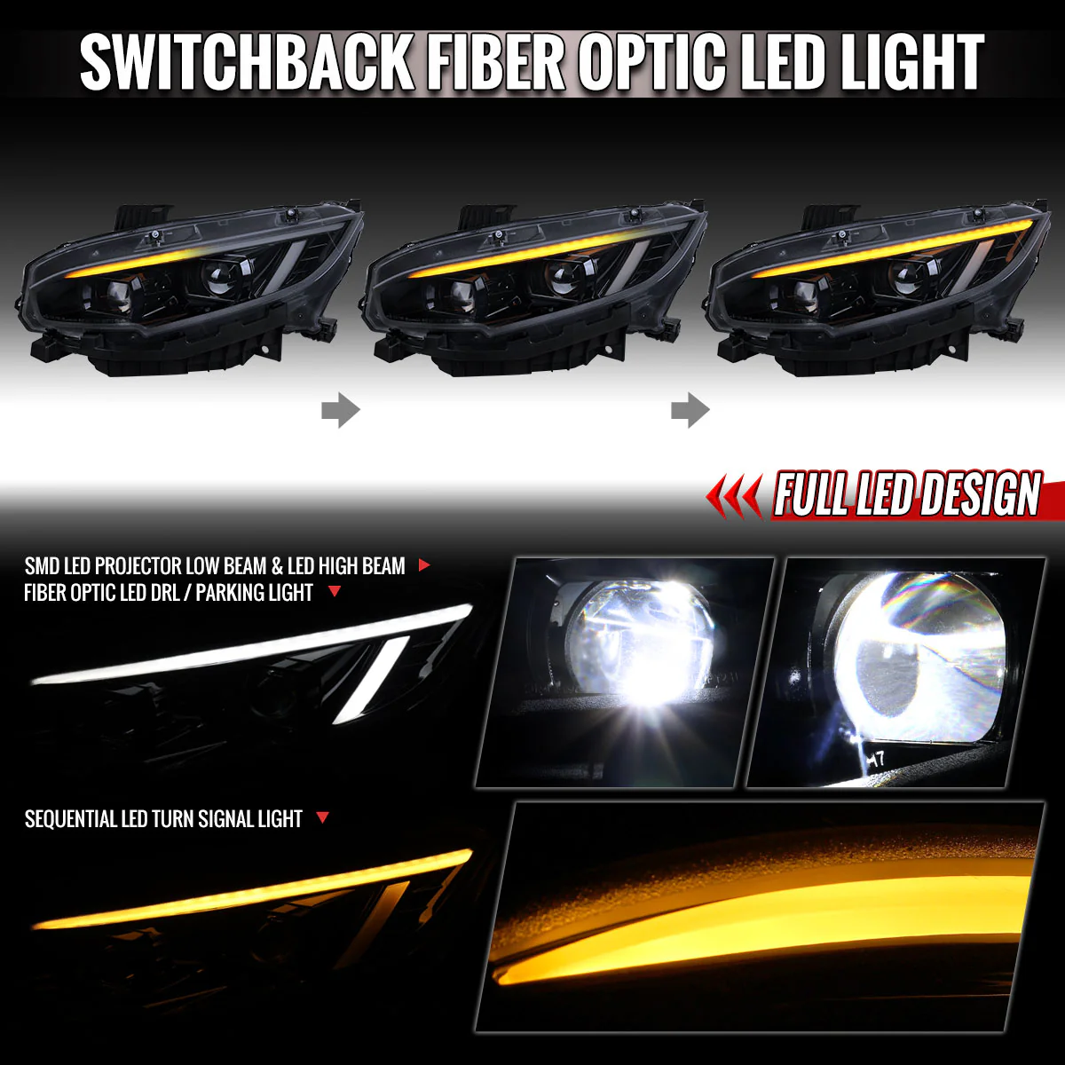 Spec-D Headlights Honda Civic FC/FK (2016-2021) Full LED or Halogen Projector With Sequential Turn Signal - Black or Chrome - Image 4
