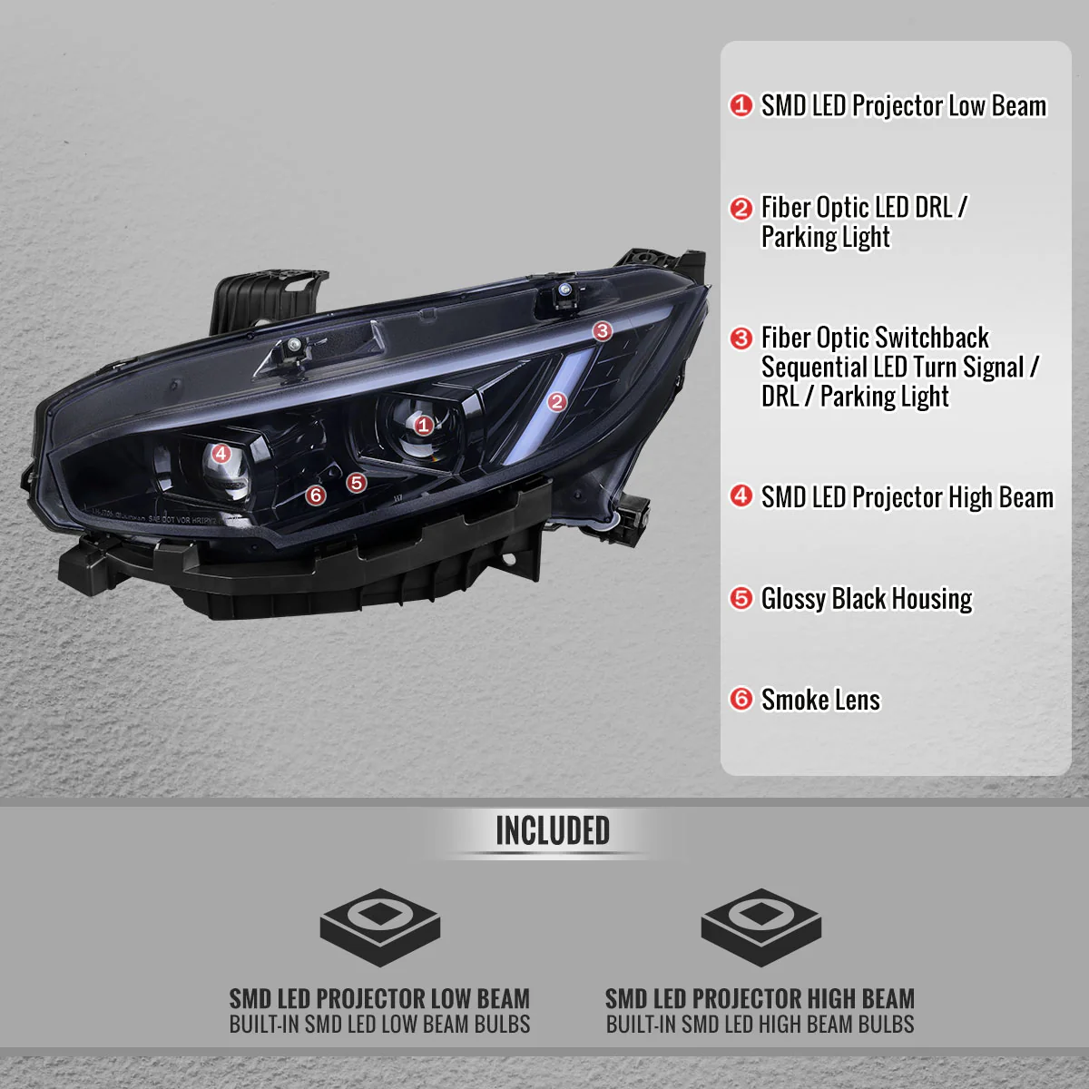 Spec-D Headlights Honda Civic FC/FK (2016-2021) Full LED or Halogen Projector With Sequential Turn Signal - Black or Chrome - Image 6