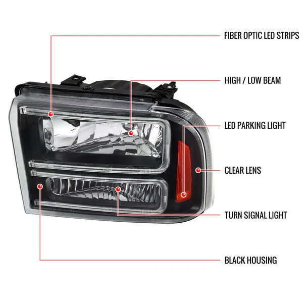Spec-D Headlights Ford F250 / F350/ F450 / F550 Super Duty (2005-2007) OE Style w/ Dual LED C-Bar - Chrome or Black - Image 29