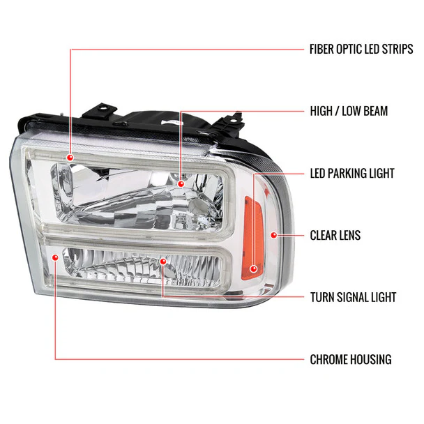 Spec-D Headlights Ford F250 / F350/ F450 / F550 Super Duty (2005-2007) OE Style w/ Dual LED C-Bar - Chrome or Black - Image 9