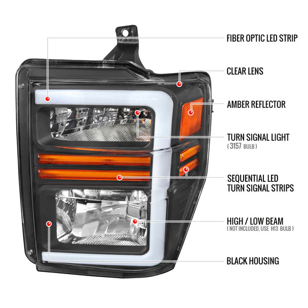 Spec-D Headlights Ford F250 F350F450 F550 Super Duty (2008-2010) OE Style w/ LED Sequential Signal - Chrome or Black - Image 17
