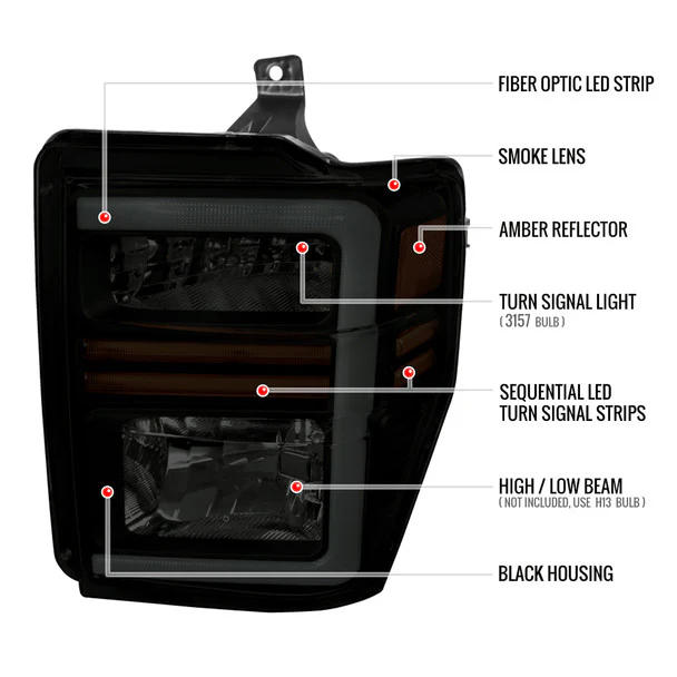 Spec-D Headlights Ford F250 F350F450 F550 Super Duty (2008-2010) OE Style w/ LED Sequential Signal - Chrome or Black - Image 26