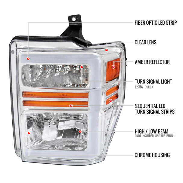 Spec-D Headlights Ford F250 F350F450 F550 Super Duty (2008-2010) OE Style w/ LED Sequential Signal - Chrome or Black - Image 8