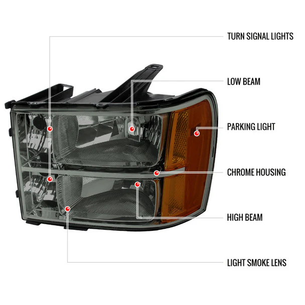 Spec-D Headlights GMC Sierra 1500 (07-13) 2500HD 3500HD (07-14) Factory Style Chrome Housing w/ Light Smoked Lens - Image 8