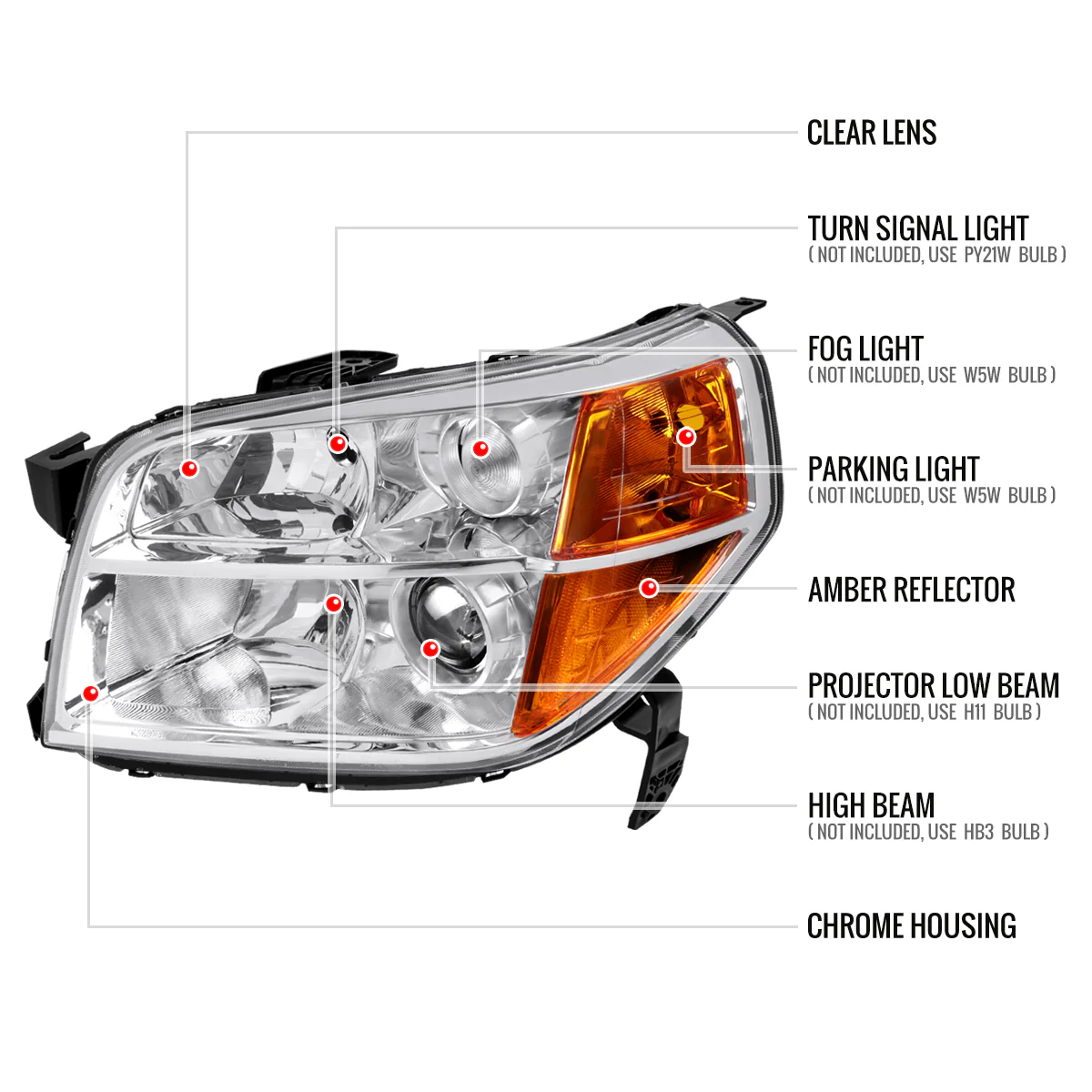 Spec-D Projector Headlights Honda Pilot (2006-2008) Chrome / Black Housing OEM Replacement - Image 7