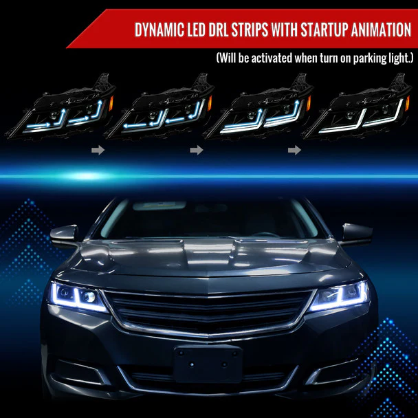 Spec-D Projector Headlights Chevy Impala (2014-2020) LED DRL w/ Sequential Turn Signal - Black - Image 4