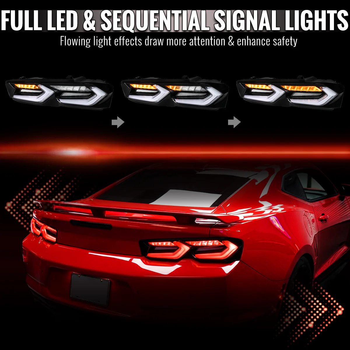 Spec-D LED Tail Lights for Chevy Camaro (2019-2023) C8 Style with Sequential Turn Signals - Clear or Smoked Lens - Image 4