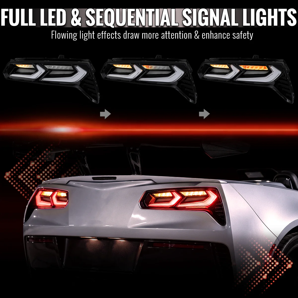 Spec-D LED Tail Lights for Chevy Corvette C7 (2014-2019) C8 Style with Sequential Turn Signals - Clear or Smoked Lens - Image 4