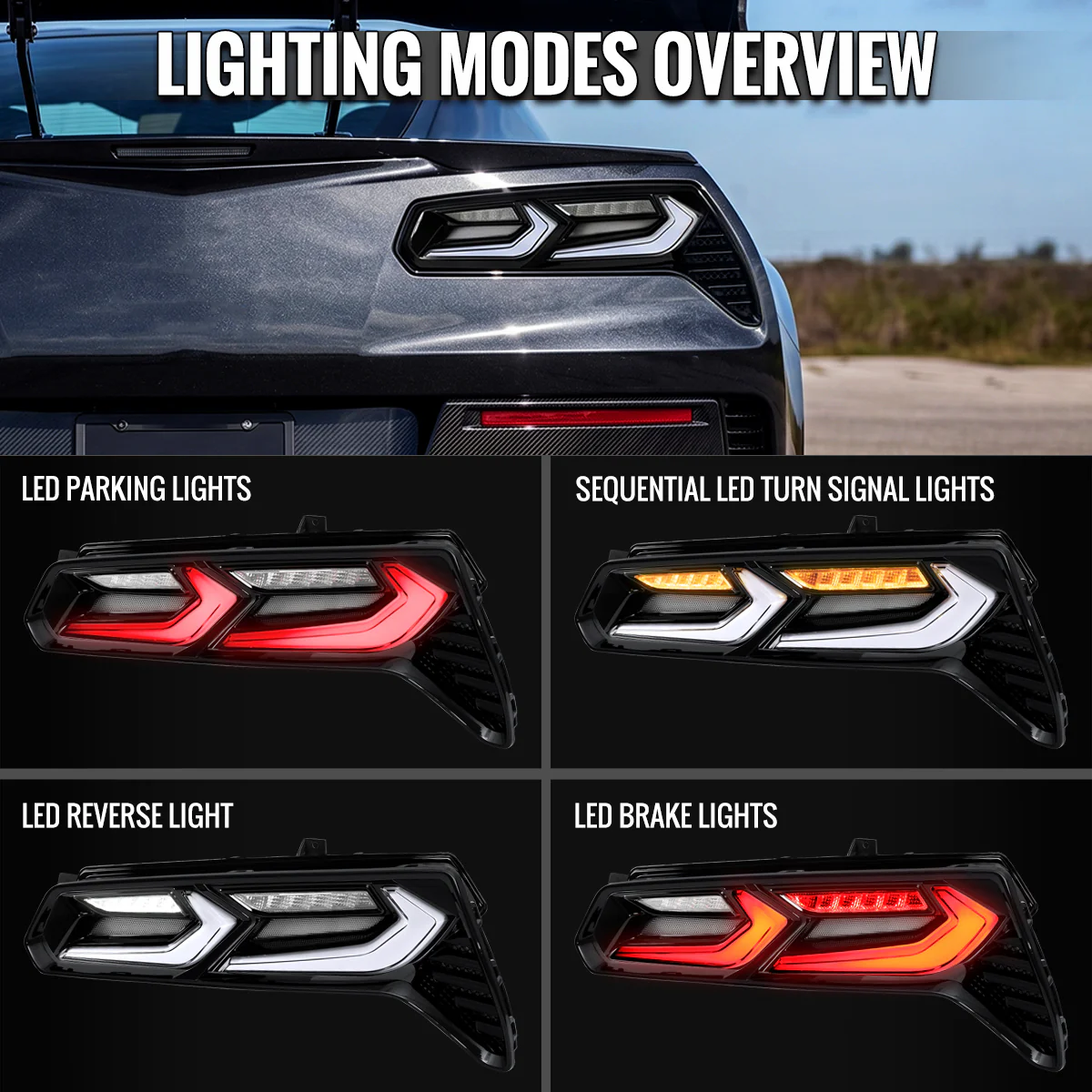 Spec-D LED Tail Lights for Chevy Corvette C7 (2014-2019) C8 Style with Sequential Turn Signals - Clear or Smoked Lens - Image 6