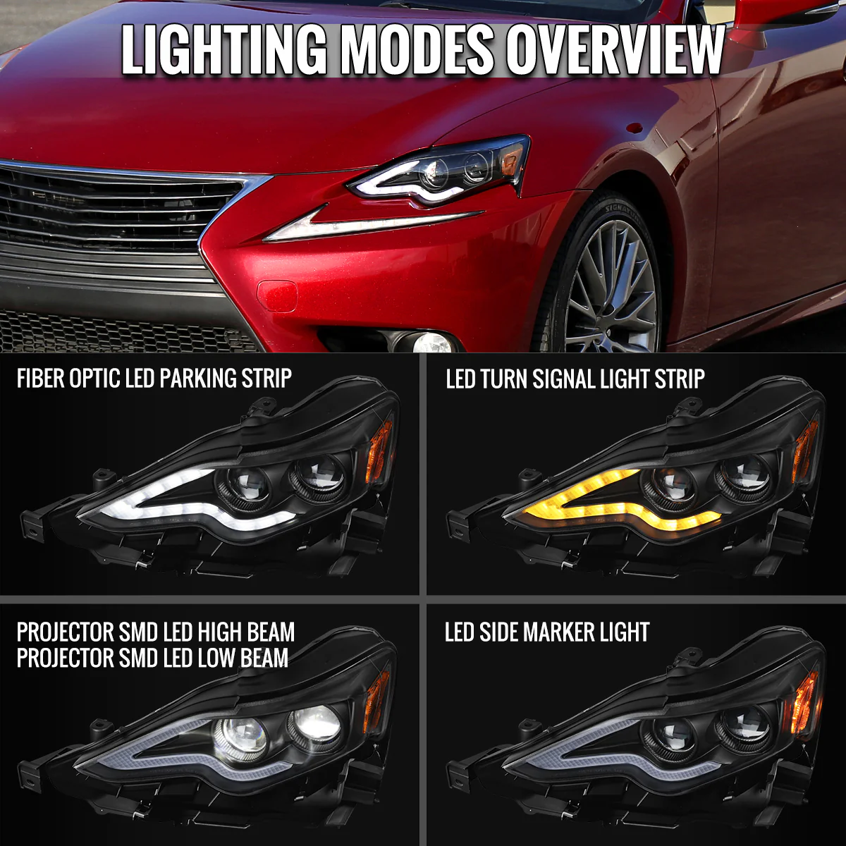 Spec-D Projector Full LED Headlights Lexus IS250 / IS350 (2014-2016) Chrome / Gloss Black / Matte Black Housing - Image 4