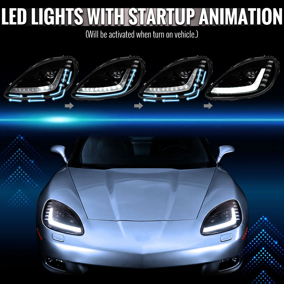 Spec-D Projector LED Headlights for Chevy Corvette C6 (2005-2013) C7 Design with Sequential Turn Signals - Black C7 - Image 5