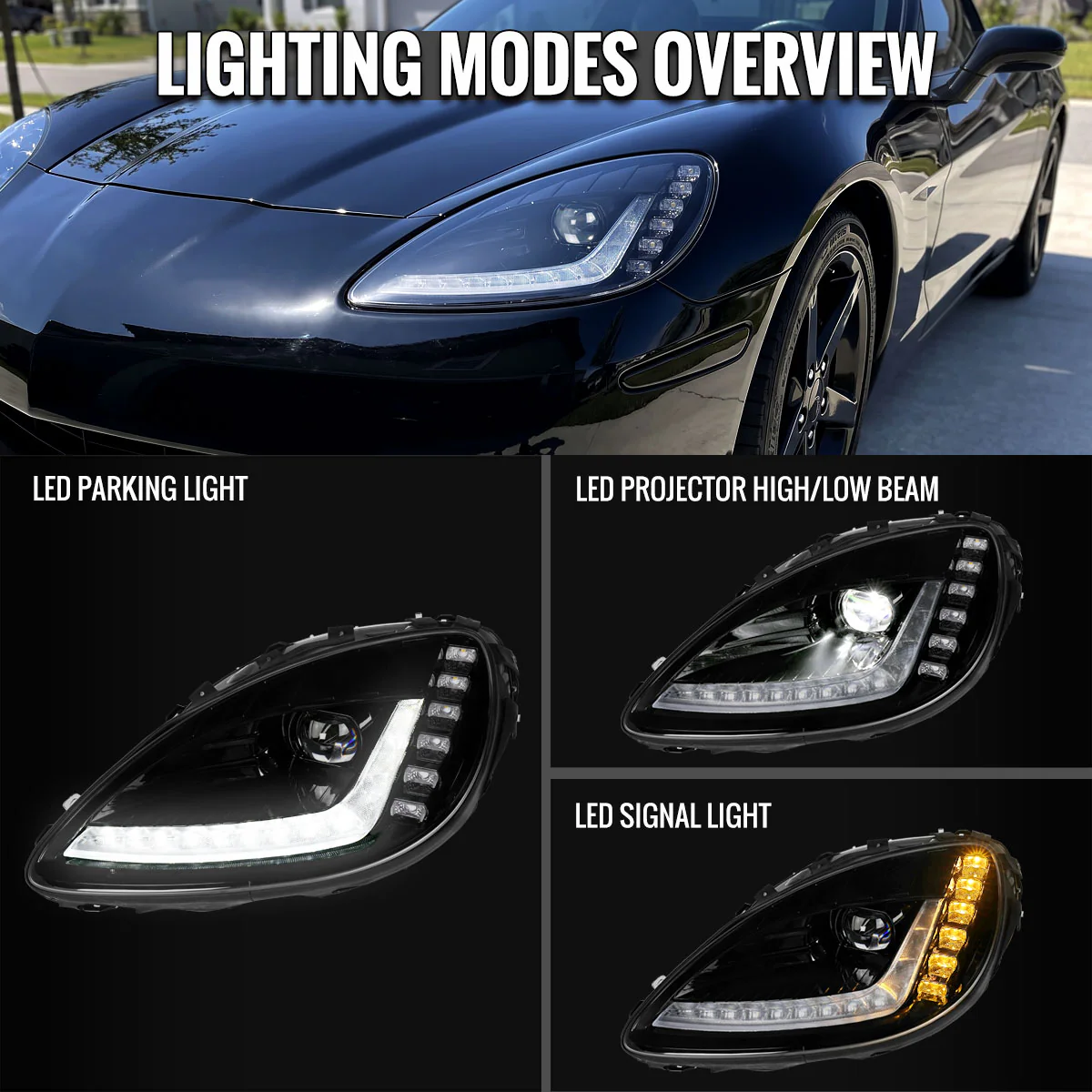 Spec-D Projector LED Headlights for Chevy Corvette C6 (2005-2013) C7 Design with Sequential Turn Signals - Black C7 - Image 9
