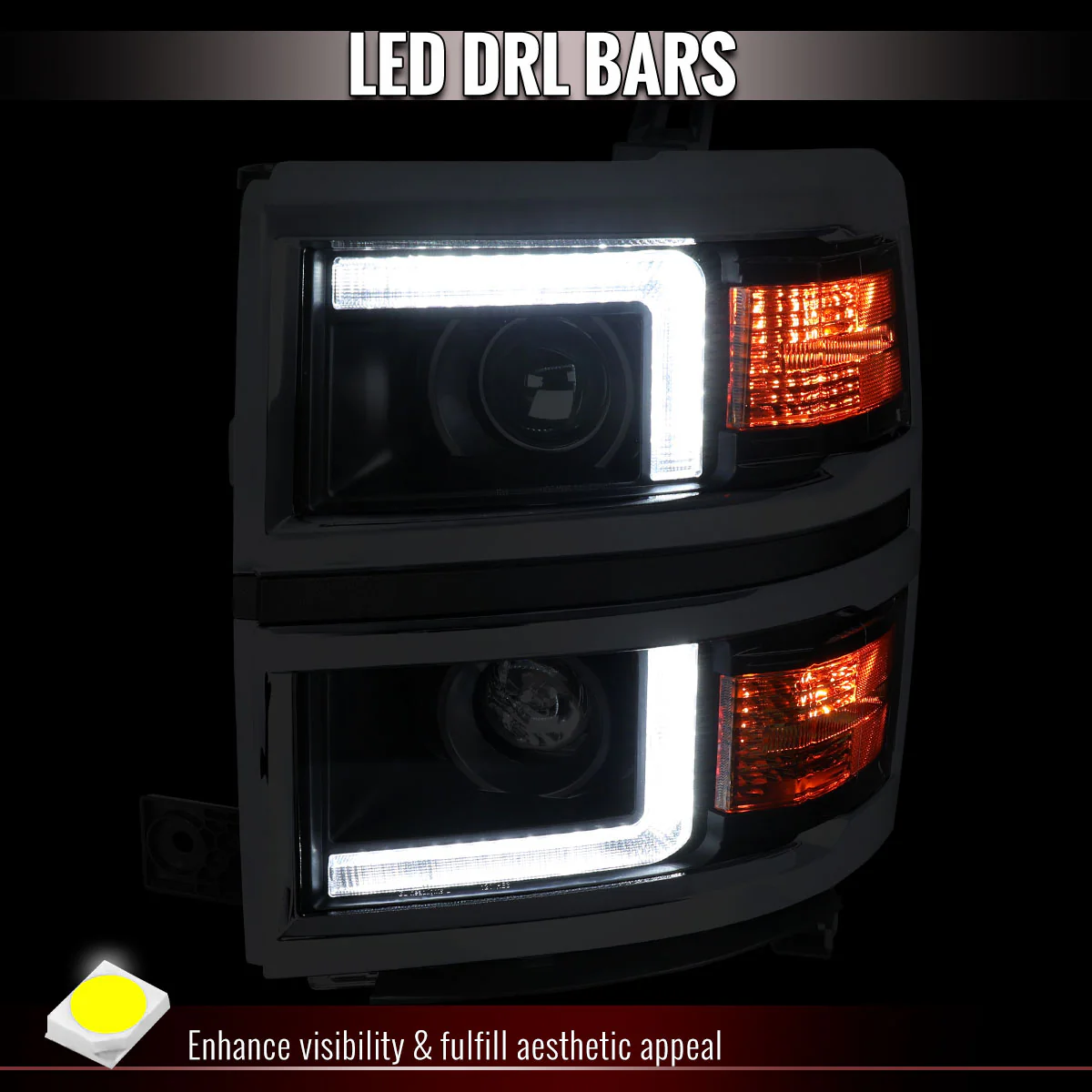 Spec-D Projector Headlights Chevy Silverado 1500 (2014-2015) LED DRL Bars - Matte Black / Chrome - Image 3
