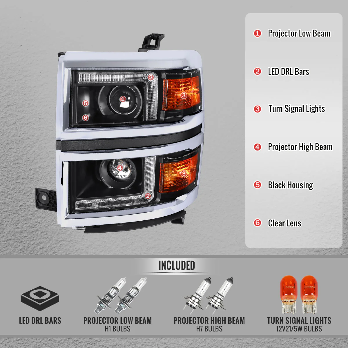 Spec-D Projector Headlights Chevy Silverado 1500 (2014-2015) LED DRL Bars - Matte Black / Chrome - Image 5