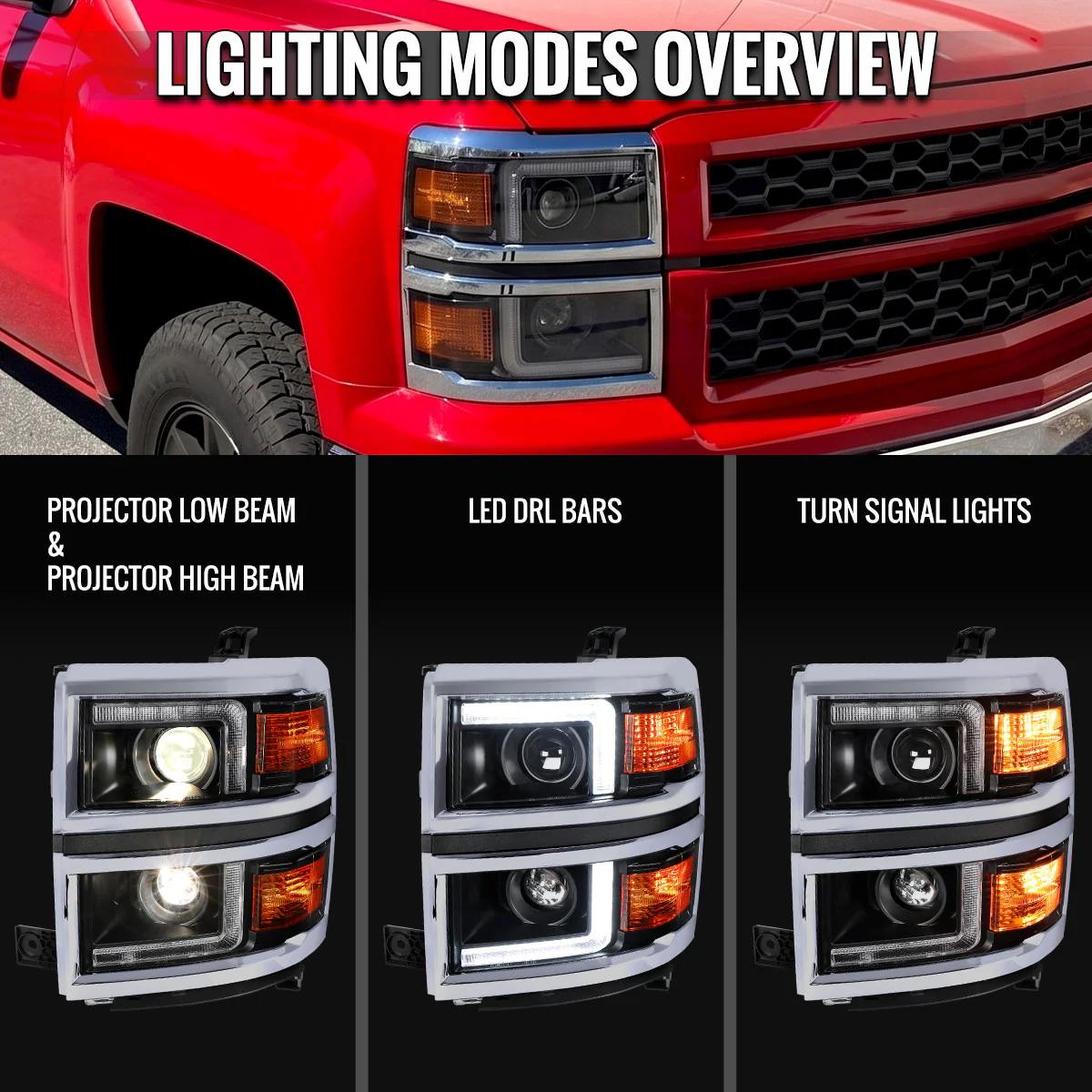 Spec-D Projector Headlights Chevy Silverado 1500 (2014-2015) LED DRL Bars - Matte Black / Chrome - Image 8