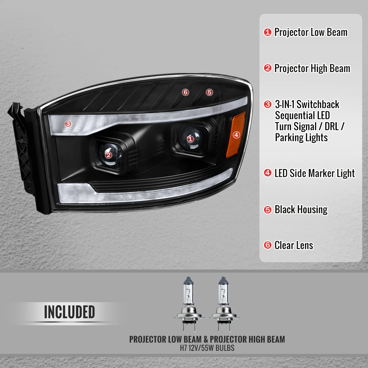 Spec-D Projector Headlights Dodge Ram 1500 (06-08) 2500/3500 (06-09) Sequential LED Turn Signal - Black or Chrome - Image 13