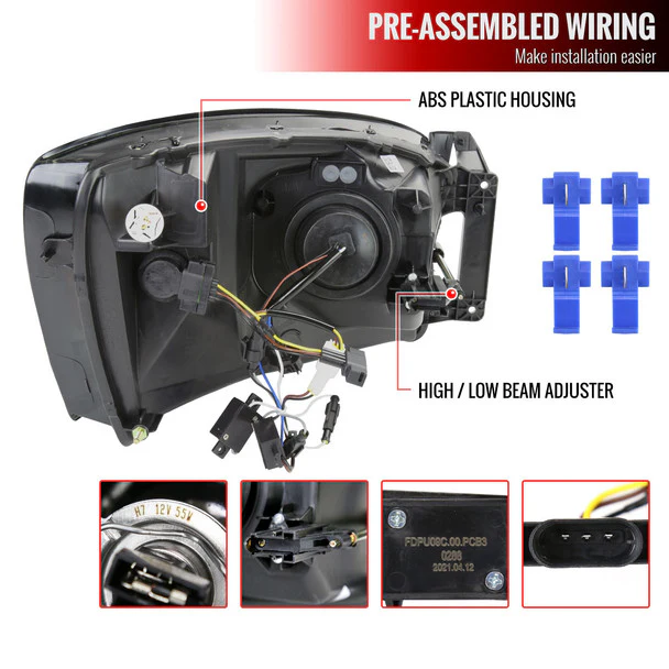 Spec-D Projector Headlights Dodge RAM 1500 / 2500 / 3500 (2006-2009) LED Bar - Black or Chrome - Image 14