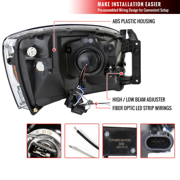 Spec-D Projector Headlights Dodge RAM 1500 / 2500 / 3500 (2006-2009) LED Bar - Black or Chrome - Image 24
