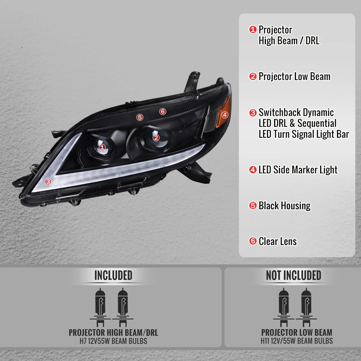 Spec-D Projector Headlights for Toyota Sienna (2011-2020) Sequential Turn Signal LED Bar - Black or Chrome - Image 10